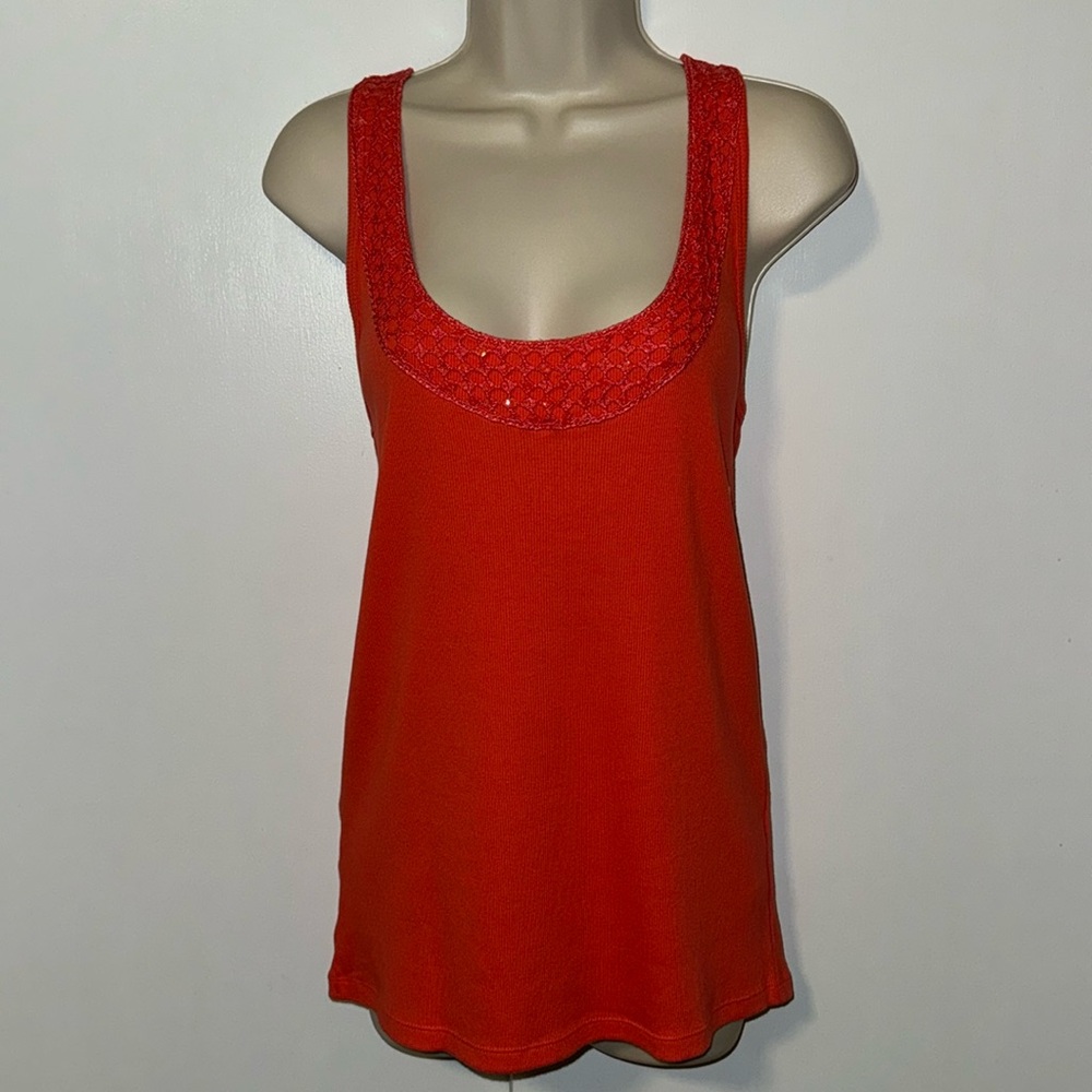 New York & Company Ribbed Tank Top w Crochet Trim Orange 100% Cotton Women’s XL